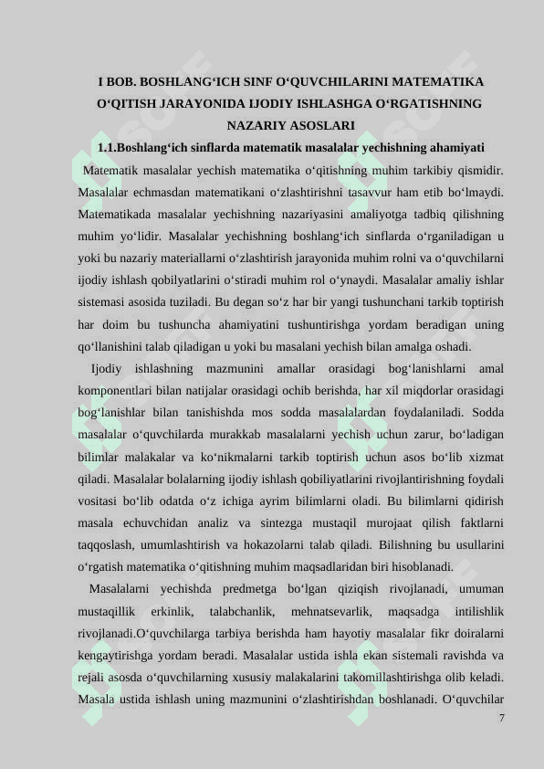 BOSHLANG‘ICH SINFLARDA MATЕMATIKADAN O‘QUVCHILARNI IJОDIY ISHLASHGA O‘RGATISH MЕTОDIKASI(1-SINF MISOLIDA) 7