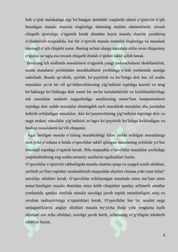 BOSHLANG‘ICH SINFLARDA MATЕMATIKADAN O‘QUVCHILARNI IJОDIY ISHLASHGA O‘RGATISH MЕTОDIKASI(1-SINF MISOLIDA) 8