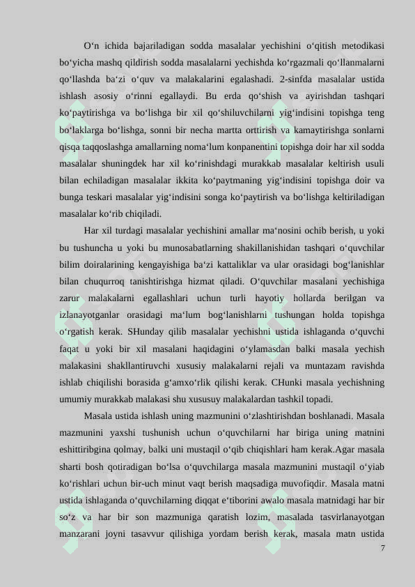 Boshlang‘ich sinflarda matematikadan o‘quvchilarning ijodiy ishlashga o‘rgatish metodikasi (2-sinf misolida)” 7