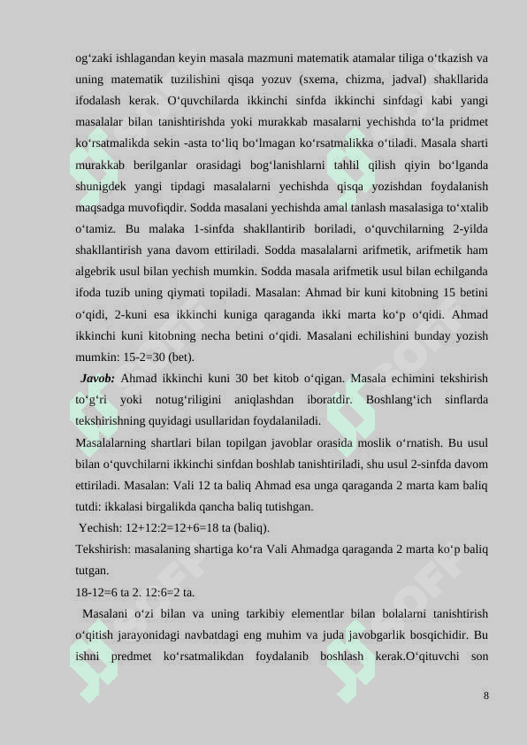Boshlang‘ich sinflarda matematikadan o‘quvchilarning ijodiy ishlashga o‘rgatish metodikasi (2-sinf misolida)” 8