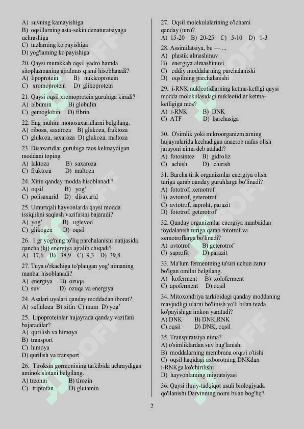 TEST 9-SINF BIOLOGIYA 2