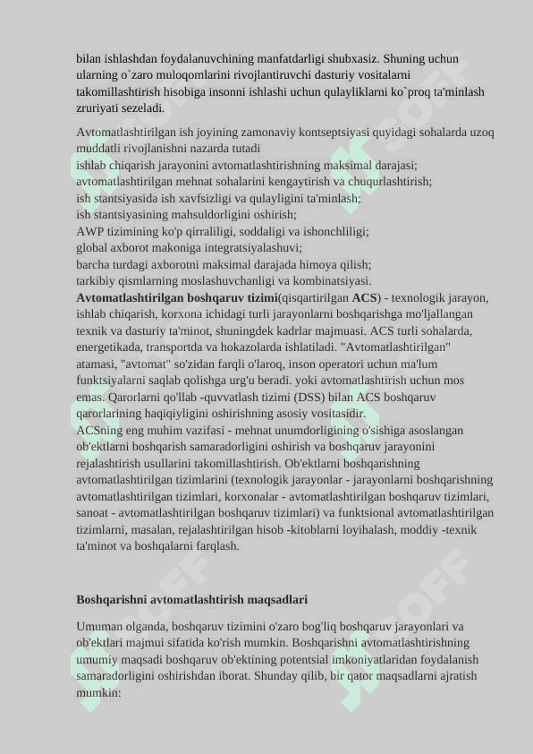 Avtomatlashtirilgan ish joylarini sohalar bo’yicha tashkil qilish. 4