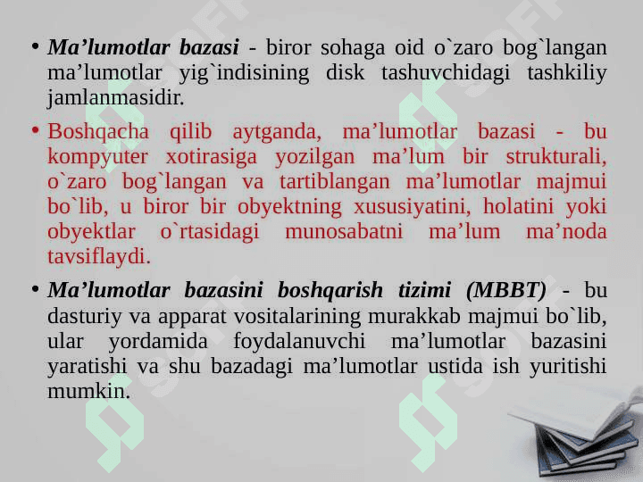 Ma’lumotlar bazasining boshqarish tizimlari 5