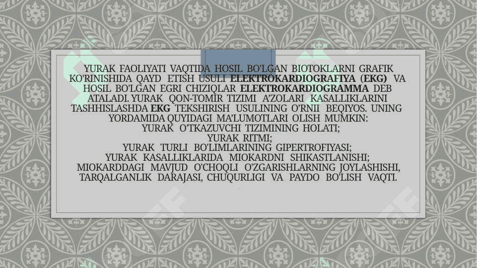 Elektrokardiografiya . Yozib olish qoidalari . Normal elektrokardiogramma . Ekg tahlilining bosqichlari . Ekgning klinik ahamiyati . Bo’lmachalar va qorinchalar gipertrofiyasi , koronar tomir yetishmovchiligidagi ekg belgilari 2