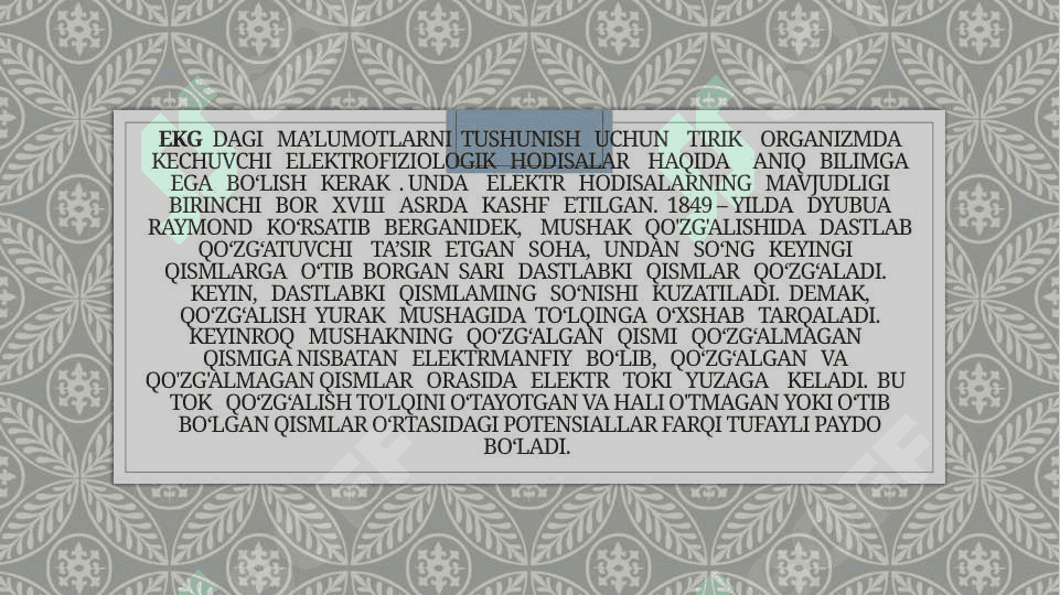 Elektrokardiografiya . Yozib olish qoidalari . Normal elektrokardiogramma . Ekg tahlilining bosqichlari . Ekgning klinik ahamiyati . Bo’lmachalar va qorinchalar gipertrofiyasi , koronar tomir yetishmovchiligidagi ekg belgilari 3