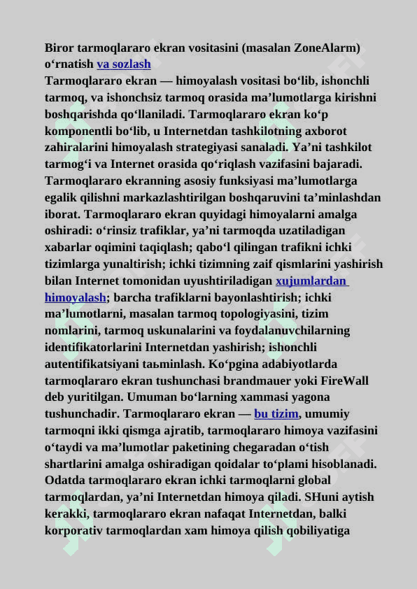 Biror tarmoqlararo ekran vositasini (masalan ZoneAlarm) o‘rnatish va sozlash 2