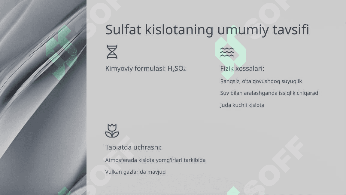 Sulfat kislota (H₂SO₄)  Fan: Kimyo | Sinf: 8-sinf 3
