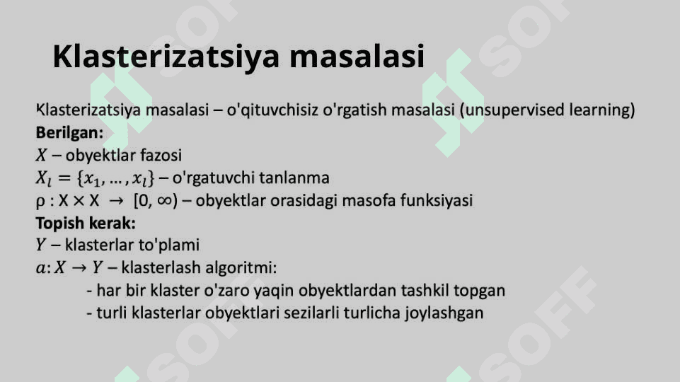 Klasterlash masalasi. K-means, DBSCAN, C-means algoritmlari. 2