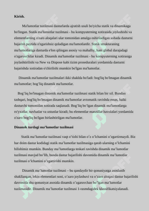 Dinamik turdagi ma’lumotlar tuzilmasi. Bir bog’lamli ro’yxat hosil qiling va uning boshidan 1 ta element o’chirish dasturini tuzing 3