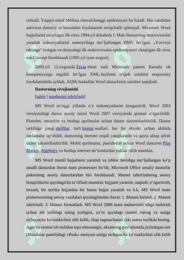 WORD MATN PROSESSORI.KIRITISH, TAHRIRLASH VA FORMARTLASH AMALLARI. HUJJAT TARKIBIGA RASM O’RNATISH. HUJJATNI BEZASH 3