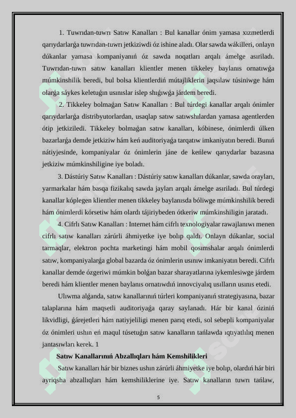 Satıw kanalları boyınsha strategiyalıq kanallar 5