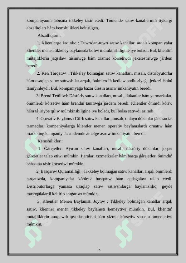Satıw kanalları boyınsha strategiyalıq kanallar 6