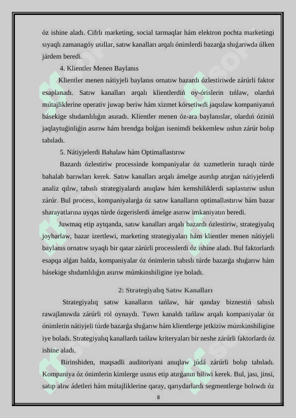 Satıw kanalları boyınsha strategiyalıq kanallar 8