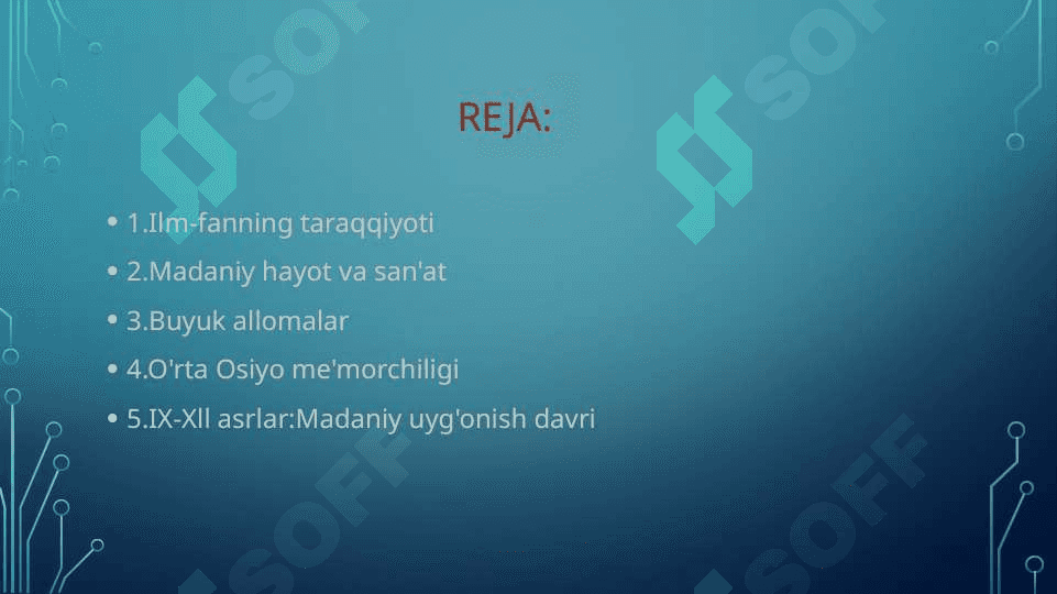 IX-XII asrlarda mamlakatimiz hududida ro'y bergan madaniy uyg'onish(Renessans). Buyuk allomalarining jahon sivilizatsiyasiga qo'shgan hissasi 2