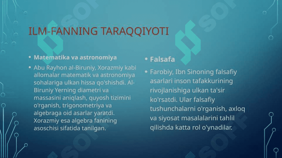 IX-XII asrlarda mamlakatimiz hududida ro'y bergan madaniy uyg'onish(Renessans). Buyuk allomalarining jahon sivilizatsiyasiga qo'shgan hissasi 4