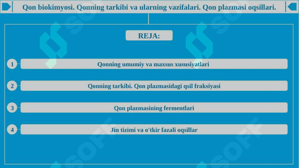 Qon biokimyosi. Qonning tarkibi va ularning vazifalari. Qon plazmasi oqsillari 2