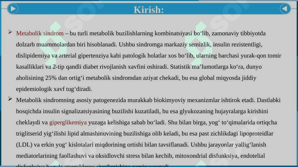 Metabolik sindrom kelib chiqishining biokimyoviy asoslari va asoratlari. 2
