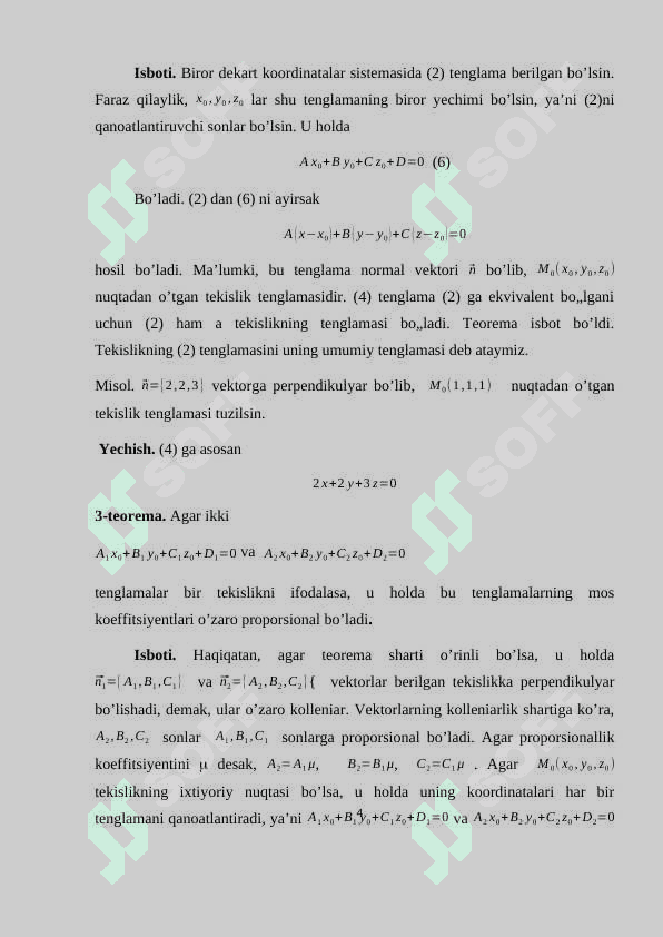Tekislikning normal tenglamasi . 4