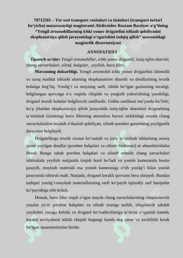 YENGIL AVTOMOBILLARNING ICHKI YONUV DVIGATELINI ISHLASH QOBILIYATINI EKSPLUATATSIYA QILISH JARAYONIDAGI O‘ZGARISHINI TADQIQ QILISH 3