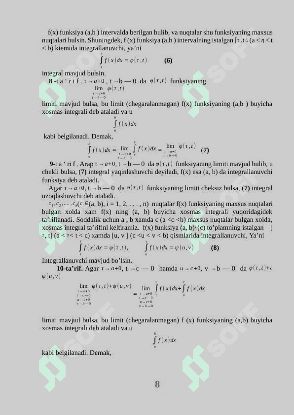 CHEGARALANMAGAN FUNKSIYANING XOSMAS INTEGRALLARI 8