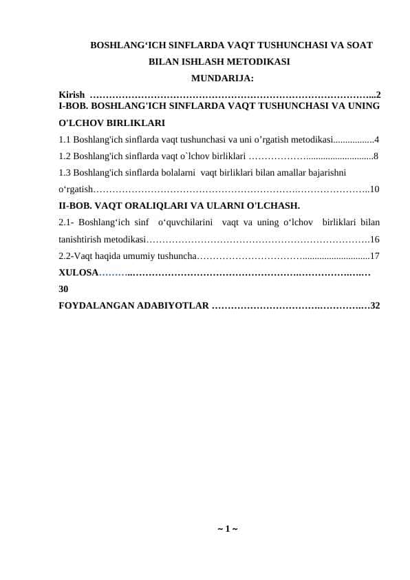 BOSHLANG‘ICH SINFLARDA VAQT TUSHUNCHASI VA SOAT BILAN ISHLASH METODIKASI