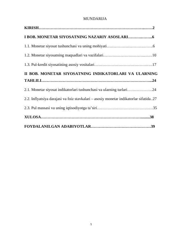 Monetar siyosatning indikatorlari. kurs ishi 1
