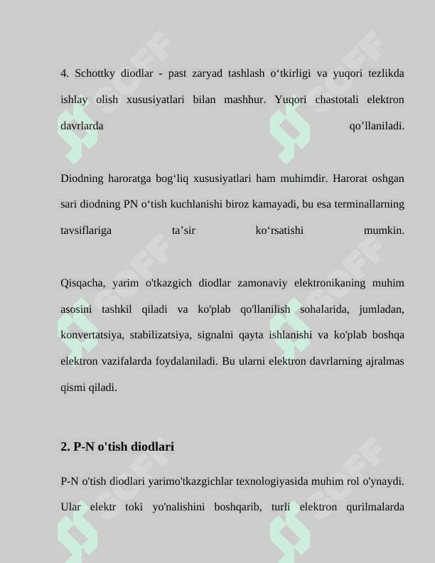 Sxemotexnikaning aktiv diskret elementlari. Yarim o’tkazgich   diodlar, ularning turlari va qo‘llanilishi.  Yarim o’tkazgich diodlar, ularning turlari va qo’llanilishi 7