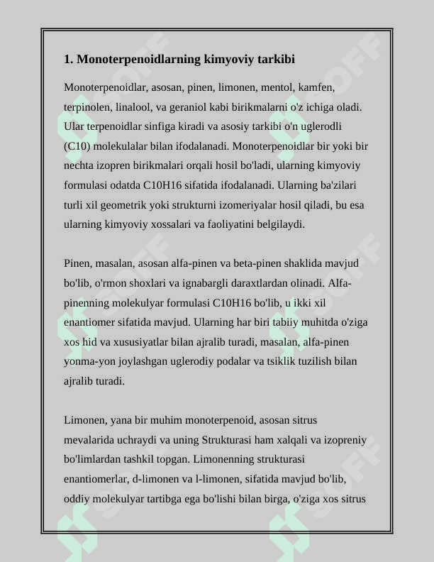 TARKIBIDA ASOSAN ATSIKLIK VA ALIFATIK MONOTERPENOIDLARNI SAQLOVCHI DORIVOR O'SIMLIK (GIYOH)LAR VA DORIVOR O'SIMLIK (GIYOH)LAR XOM ASHYOLARI 3