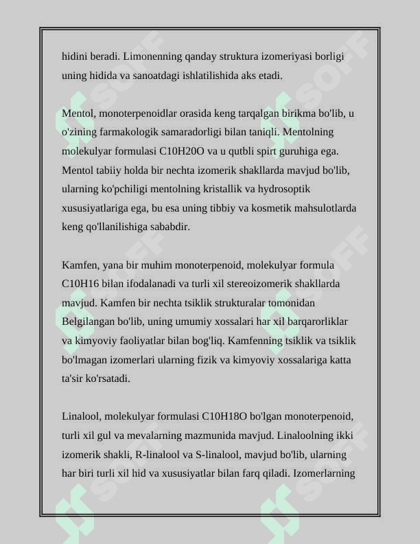 TARKIBIDA ASOSAN ATSIKLIK VA ALIFATIK MONOTERPENOIDLARNI SAQLOVCHI DORIVOR O'SIMLIK (GIYOH)LAR VA DORIVOR O'SIMLIK (GIYOH)LAR XOM ASHYOLARI 4