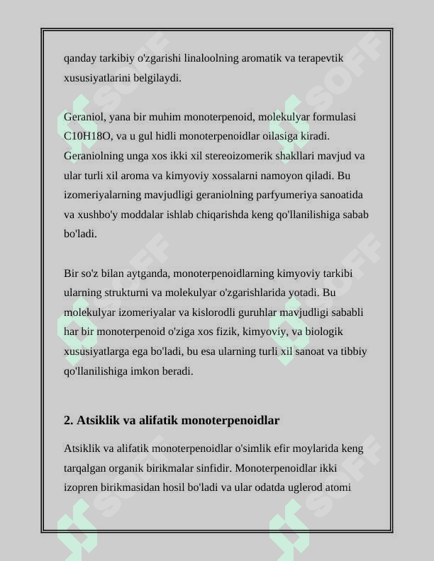 TARKIBIDA ASOSAN ATSIKLIK VA ALIFATIK MONOTERPENOIDLARNI SAQLOVCHI DORIVOR O'SIMLIK (GIYOH)LAR VA DORIVOR O'SIMLIK (GIYOH)LAR XOM ASHYOLARI 5