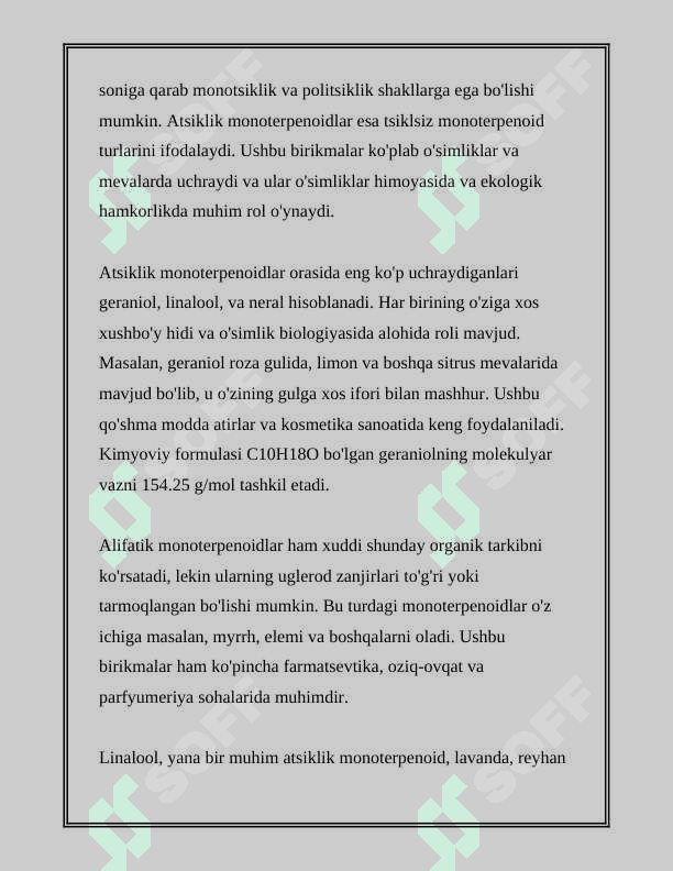 TARKIBIDA ASOSAN ATSIKLIK VA ALIFATIK MONOTERPENOIDLARNI SAQLOVCHI DORIVOR O'SIMLIK (GIYOH)LAR VA DORIVOR O'SIMLIK (GIYOH)LAR XOM ASHYOLARI 6