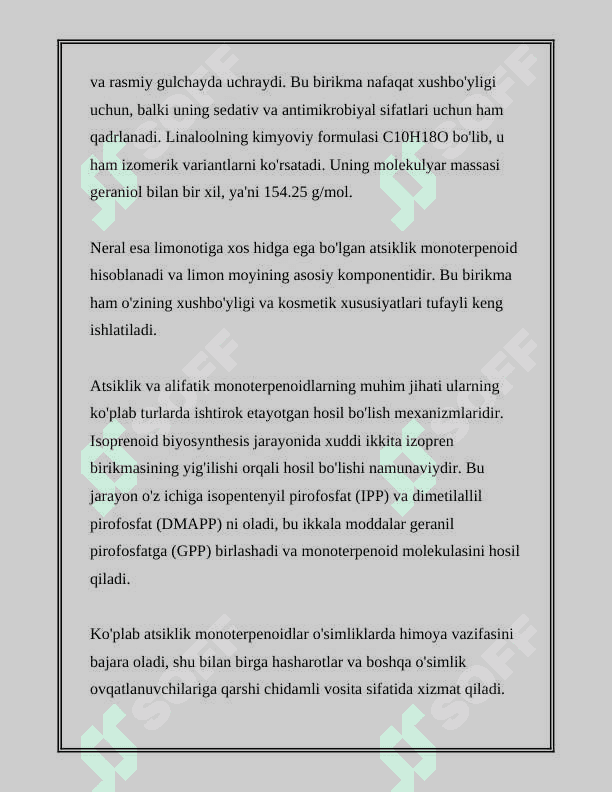 TARKIBIDA ASOSAN ATSIKLIK VA ALIFATIK MONOTERPENOIDLARNI SAQLOVCHI DORIVOR O'SIMLIK (GIYOH)LAR VA DORIVOR O'SIMLIK (GIYOH)LAR XOM ASHYOLARI 7