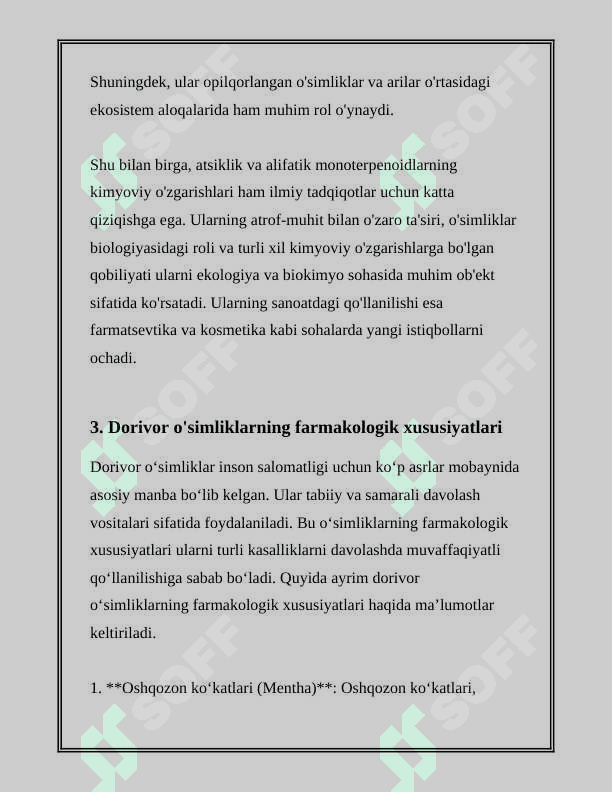 TARKIBIDA ASOSAN ATSIKLIK VA ALIFATIK MONOTERPENOIDLARNI SAQLOVCHI DORIVOR O'SIMLIK (GIYOH)LAR VA DORIVOR O'SIMLIK (GIYOH)LAR XOM ASHYOLARI 8
