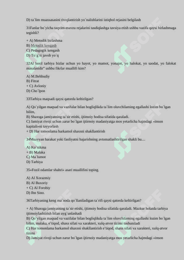 Umumiy pedagogika fanidan test savollari albatta javoblari bilan 6