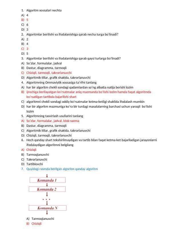 Algoritmni loyihalash Test + javoblar bilan 1