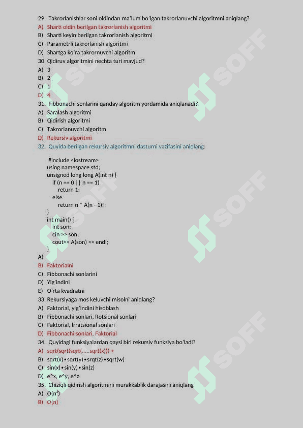 Algoritmni loyihalash Test + javoblar bilan 8