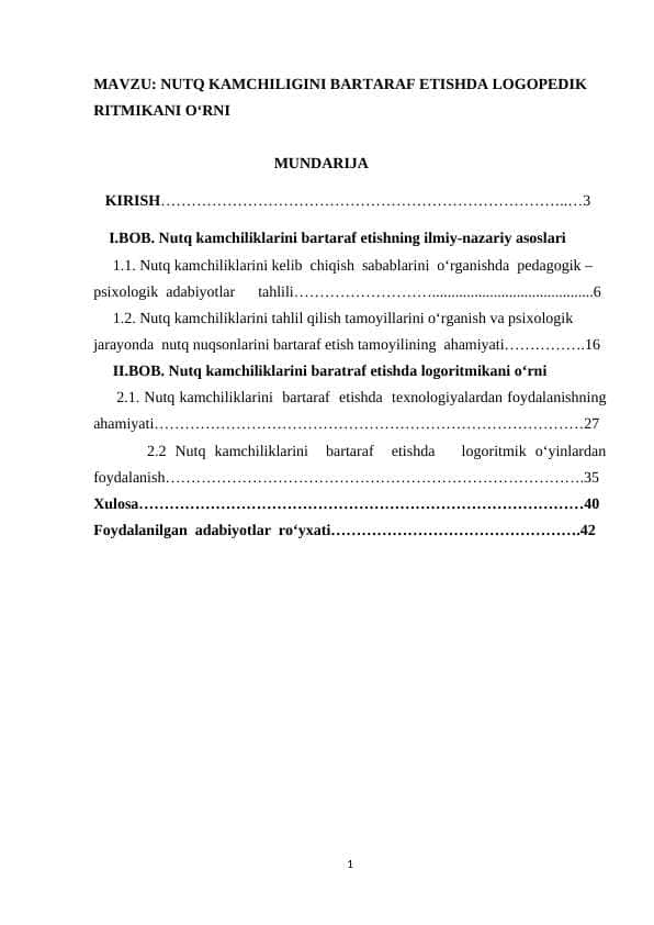NUTQ KAMCHILIGINI BARTARAF ETISHDA LOGOPEDIK RITMIKANI O‘RNI