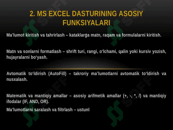 MS Excel dasturi protsessori imkoniyatlari 5