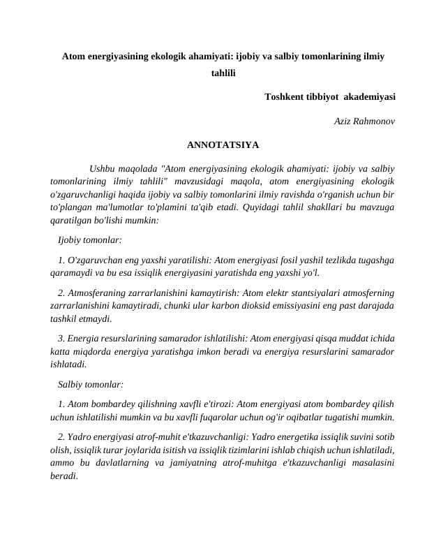 Atom energiyasining ekologik ahamiyati: ijobiy va salbiy tomonlarining ilmiy tahlili