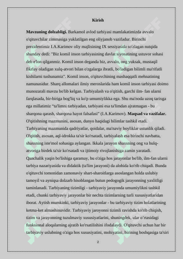 O’qtuvching tarbiya texnalogiyalari asosida faoliyat olib borishi 2