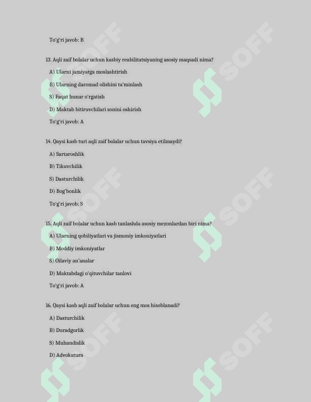 Aqli zaif bolalar egallashi mumkin boʻlgan kasblar . TEST JAVOBLARI BILAN 4