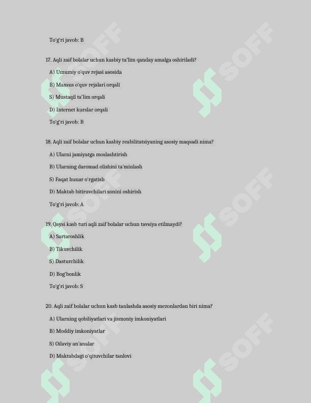 Aqli zaif bolalar egallashi mumkin boʻlgan kasblar . TEST JAVOBLARI BILAN 5