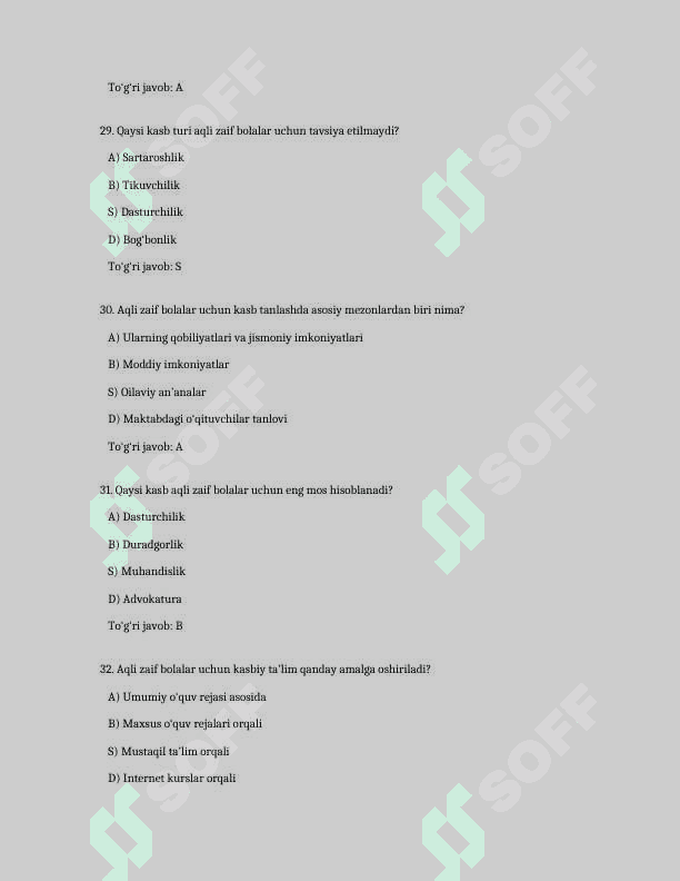 Aqli zaif bolalar egallashi mumkin boʻlgan kasblar . TEST JAVOBLARI BILAN 8