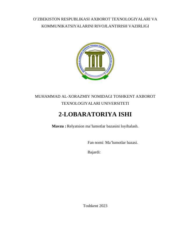 Relyatsion ma’lumotlar bazasini loyihalash.