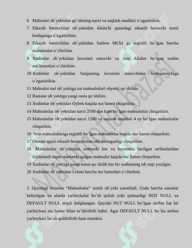 SQL yordamida ma`lumotlar bazasini yaratish va ma`lumotlarga ishlov berish. 3