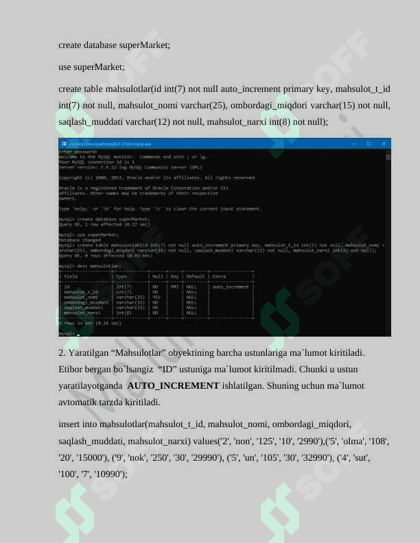 SQL yordamida ma`lumotlar bazasini yaratish va ma`lumotlarga ishlov berish. 4