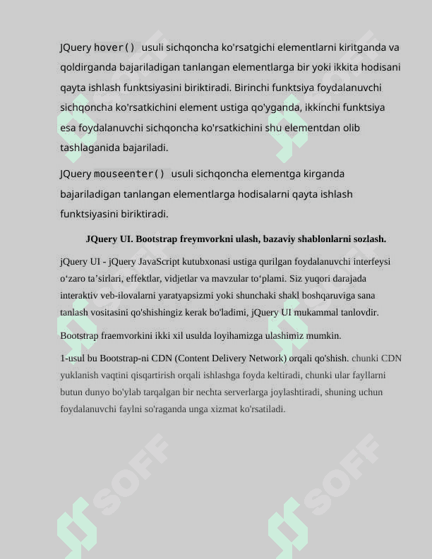 JQuery selektorlar, hodisalar, localStorage xotiralar, JQuery UI. Bootstrap freymvorkni ulash, bazaviy shablonlarni sozlash. 4
