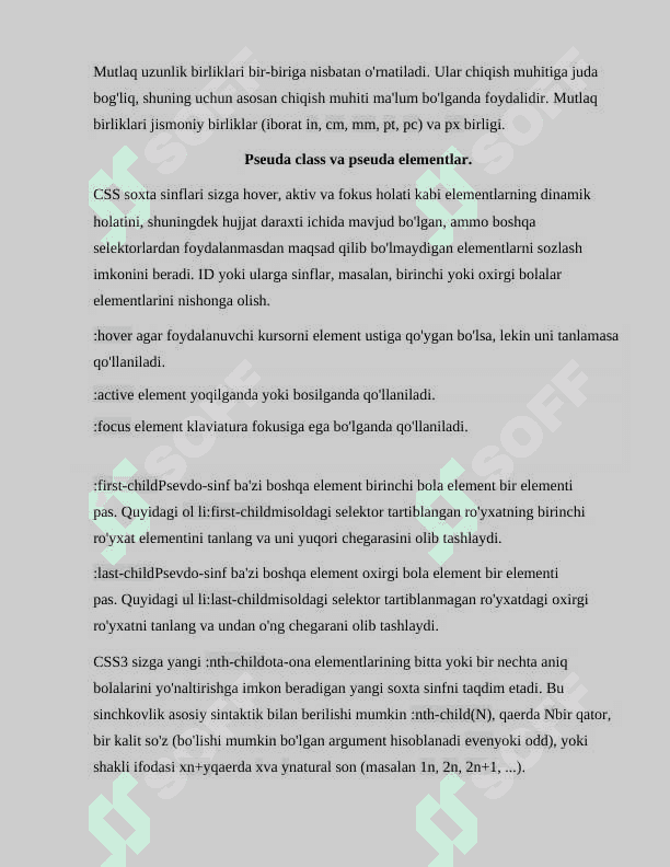 CSS da position float va units xossalarini qo'llash. Kombinatorika elementlari pseuda element, pseuda class, media querie dan foydalanish. 4