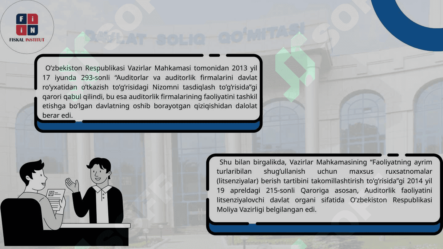 Auditorlik faoliyatini  huquqiy rivojlanish bosqichlari. 6