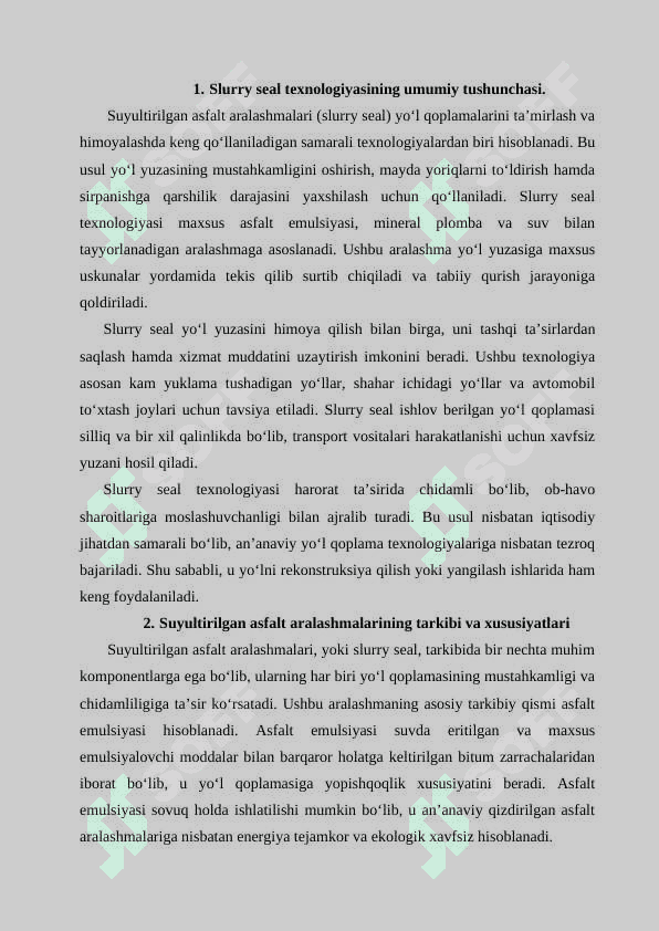 Suyultirilgan asfalt aralashmalarini (slurry seal) ishlab chiqarish texnologiyalari 2